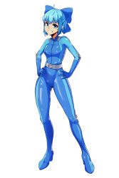 Rule 34 | 1girl, absurdres, ahoge, blue bodysuit, blue bow, blue eyes, blue hair, bodysuit, bow, cirno, dethmaid, full body, grin, hair bow, hands on own hips, high heels, highres, looking at viewer, smile, standing, totally spies, touhou, transparent background, white background
