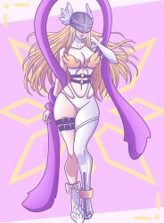 1girl angel angel_girl angewomon asymmetrical_clothes asymmetrical_legwear bare_shoulders blonde_hair breasts collarbone covered_eyes crests_(digimon) curvy digimon digimon_(creature) digimon_adventure elbow_gloves female_focus gloves head_wings helmet helmet_over_eyes high_heels highres legs_together lips long_hair medium_breasts nyxai purple_shawl shawl skindentation thick_thighs thigh_strap thighs wings wrist_wings