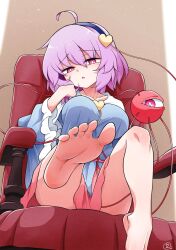 Rule 34 | 1girl, ahoge, alternate breast size, barefoot, blue shirt, breasts, buttons, chair, collared shirt, commentary request, commission, convenient skirt, disgust, eyeball, feet, foot focus, frills, hair ornament, hairband, heart, heart button, heart hair ornament, highres, komeiji satori, large breasts, legs, long sleeves, looking at viewer, on chair, pink eyes, pink skirt, purple hair, scavia10, shirt, short hair, sitting, skeb commission, skirt, solo, third eye, toes, touhou, wide sleeves