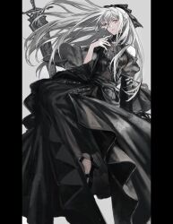 Rule 34 | 1girl, bare shoulders, black bow, black dress, bow, breasts, clothing cutout, drag-on dragoon, drag-on dragoon 3, dress, flower, flower over eye, hair bow, hair ornament, hand up, high heels, highres, long hair, long sleeves, medium breasts, nier (series), nier reincarnation, official alternate costume, red eyes, shoulder cutout, sitting, solo, sword, weapon, wide sleeves, wind, ye (pixiv4862539), zero (drag-on dragoon)