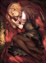 Rule 34 | 1girl, ass, bad id, bad twitter id, black dress, blonde hair, blush, bottle, brown pantyhose, closed mouth, commentary request, dress, elf, feet, full body, grass, green eyes, highres, leaf, legs, legs together, long hair, looking at viewer, lying, no shoes, on side, original, panties, pantyhose, pointy ears, puffy short sleeves, puffy sleeves, short sleeves, snm (sunimi), solo, tree, tree shade, under tree, underwear
