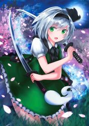 Rule 34 | 1girl, black bow, black bowtie, bow, bowtie, cherry blossoms, green eyes, green skirt, green vest, hairband, highres, holding, holding sword, holding weapon, katana, konpaku youmu, moni (credo), open mouth, petals, puffy short sleeves, puffy sleeves, shirt, short hair, short sleeves, silver hair, skirt, solo, sword, touhou, vest, weapon, white shirt