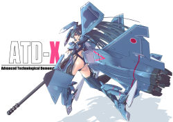 Rule 34 | 1girl, aircraft, airplane, ass, atd-x, blue hair, boots, elbow gloves, gloves, gun, high heel boots, high heels, highres, jet engine, long hair, looking back, mecha musume, nenchi, personification, red eyes, rifle, shadow, simple background, solo, thighhighs, weapon, white background, wings
