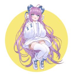 Rule 34 | 1girl, animal ears, azur lane, blue eyes, blush, boots, coat, deatheach, dress, fake animal ears, full body, fur-trimmed boots, fur trim, hair ornament, hair ribbon, highres, long hair, long sleeves, looking at viewer, open mouth, ponytail, purple hair, ribbon, sitting, solo, sweater, tashkent (azur lane), thighhighs, two-tone background, very long hair, white background, white coat, white thighhighs, winter clothes, yellow background