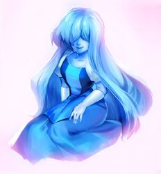 Rule 34 | 1girl, absurdres, artist name, blue dress, blue hair, blue skin, collarbone, colored skin, commentary, dress, elbow gloves, english commentary, facing viewer, full body, gloves, hair over eyes, highres, juliet sleeves, lina rojas, long hair, long sleeves, puffy sleeves, sapphire (steven universe), short sleeves, simple background, smile, solo, steven universe, very long hair