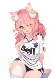 Rule 34 | 1girl, adidas, animal ear fluff, animal ears, animal nose, arm support, blush, breasts, canadian flag, character request, clothes writing, commentary, copyright request, english commentary, english text, feet out of frame, fingernails, hair between eyes, head tilt, heart, highres, horns, large breasts, long hair, looking at viewer, one eye closed, pink eyes, pink hair, puppyypawss, shadow, shirt, short shorts, short sleeves, shorts, simple background, sitting, solo, sparkle, sportswear, star (symbol), t-shirt, thick thighs, thighhighs, thighs, tongue, tongue out, white background, white shirt