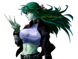 Rule 34 | 1girl, belt, between fingers, breasts, character name, colored skin, crop top, green hair, green skin, holding, jacket, knife, large breasts, long hair, midriff, navel, shirt, simple background, solo, taut clothes, taut shirt, white background, yel (ffd9oo), yurikawa saki, zombie, zombie-ya reiko