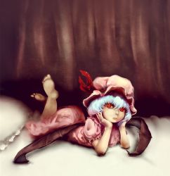 Rule 34 | 1girl, arm support, barefoot, bat wings, blue hair, curtains, dress, frown, glowing, glowing eyes, hat, hat ribbon, head rest, highres, lips, looking at viewer, lying, mob cap, on bed, on stomach, pillow, qwer1234777, red eyes, remilia scarlet, ribbon, short hair, short sleeves, solo, touhou, wings