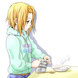 Rule 34 | 1girl, alternate costume, blush, bowl, brown eyes, brown hair, casual, cooking, curry, curry rice, denim, dresstrip, food, frown, hairband, hood, hoodie, jeans, k-on!, looking down, pants, profile, rice, shadow, short hair, simple background, solo, spoon, steam, tainaka ritsu, white background