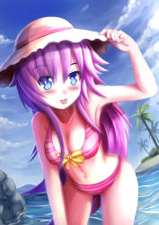 Rule 34 | 10s, 1girl, :p, absurdres, beach, bikini, blue eyes, blush, breasts, cloud, day, hair ornament, hat, highres, long hair, looking at viewer, nepgear, neptune (series), ocean, outdoors, prophosphere, purple hair, purple sister, sand, side-tie bikini bottom, sky, solo, straw hat, striped bikini, striped clothes, swimsuit, symbol-shaped pupils, tongue, tongue out, water