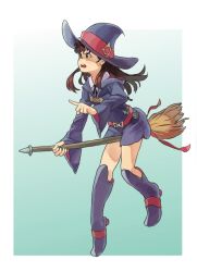 Rule 34 | 1girl, :o, aqua background, bad id, bad pixiv id, belt, boots, broom, broom riding, brown hair, commentary request, floating, fr33, gradient background, hat, kagari atsuko, little witch academia, long hair, luna nova school uniform, open mouth, pointing, red eyes, school uniform, solo, wide sleeves, witch hat