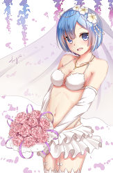 Rule 34 | 10s, 1girl, absurdres, artist name, bikini, bikini top only, blue eyes, blue hair, blush, bouquet, bow, breasts, bridal veil, bride, cleavage, collarbone, commentary request, cowboy shot, elbow gloves, flower, frilled skirt, frills, garter straps, gloves, hair flower, hair ornament, hair over one eye, highres, holding, holding bouquet, jayce (shinmai), jewelry, matching hair/eyes, medium breasts, necklace, open mouth, pink flower, pink rose, re:zero kara hajimeru isekai seikatsu, rem (re:zero), rose, short hair, signature, skirt, smile, solo, swimsuit, thighhighs, veil, white background, white bikini, white gloves, white skirt, white thighhighs