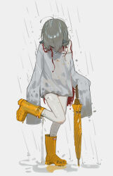 Rule 34 | 1girl, absurdres, boots, closed umbrella, commentary request, covered eyes, fins, gradient hair, grey hair, head fins, highres, k hottok, long sleeves, looking down, monster girl, multicolored hair, original, oversized clothes, oversized shirt, planted, planted umbrella, pouring, puddle, rain, red hair, rubber boots, shirt, simple background, single bare shoulder, single off shoulder, sleeves past fingers, sleeves past wrists, solo, stained clothes, standing, standing on one leg, umbrella, wet, white background, white shirt, yellow footwear, yellow umbrella