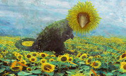 Rule 34 | claws, commentary request, day, dinosaur, field, flower, flower field, looking at viewer, monster, no humans, orange eyes, original, outdoors, scenery, standing, sunflower, sunflower field, tail, toy(e), yellow flower, yuugai choujuu