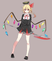 Rule 34 | 1girl, bat wings, blonde hair, cosplay, flandre scarlet, glaive (polearm), halberd, halo, hat, kantai collection, looking at viewer, mechanical halo, polearm, red eyes, short hair, side ponytail, solo, taiki (ozone), tatsuta (kancolle), tatsuta (kancolle) (cosplay), touhou, weapon, wings