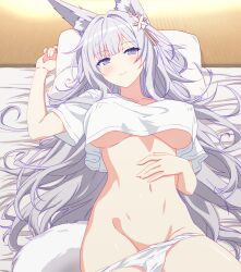 Rule 34 | 1girl, alternate costume, animal ear fluff, animal ears, arbiter1, azur lane, breasts, covered erect nipples, crop top, crop top overhang, fox ears, fox girl, fox tail, futon, hand on own stomach, hand up, highres, large breasts, long hair, looking at viewer, lying, midriff, navel, no bra, on back, panties, panty pull, pillow, shinano (azur lane), shirt, tail, tatami, underboob, underwear, white hair, white panties, white shirt, white tail