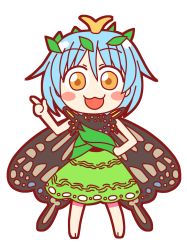Rule 34 | 1girl, antennae, aqua hair, barefoot, blush stickers, butterfly wings, dress, eternity larva, fairy, full body, green dress, hair between eyes, highres, insect wings, leaf, leaf on head, multicolored clothes, multicolored dress, open mouth, orange eyes, rokugou daisuke, short hair, short sleeves, single strap, smile, solo, touhou, transparent background, wings