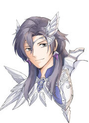 Rule 34 | 1boy, alternate costume, armor, black hair, circlet, constantine xi (fate), cropped shoulders, earrings, eyes visible through hair, fate/grand order, fate (series), final fantasy, final fantasy xiv, grey eyes, hair between eyes, highres, jewelry, long hair, looking at viewer, male focus, miyuyoko, portrait, shield, simple background, smile, solo, white background, winged hair ornament