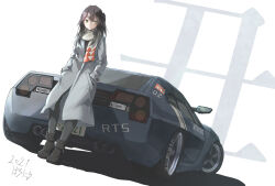 Rule 34 | 1girl, 2021, absurdres, baronilu, black footwear, boots, car, closed mouth, coat, expressionless, green eyes, grey coat, hands in pockets, highres, license plate, long sleeves, looking to the side, medium hair, motor vehicle, one side up, ridge racer, scarf, simple background, solo, sports car, vehicle focus, white background