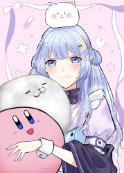 Rule 34 | 1girl, absurdres, animal, animal on head, blue eyes, blue hair, bow, cat, cat on head, closed mouth, commentary request, crescent, crescent hair ornament, double bun, hair bun, hair ornament, heart, highres, kirby, kirby (series), long hair, looking at viewer, mirutani nia, nintendo, noripro, on head, pill, pink background, puffy short sleeves, puffy sleeves, purple shirt, shirt, short sleeves, smile, solo, stuffed seal, twitter username, upper body, virtual youtuber, wrist cuffs, yuri kyanon