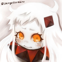 Rule 34 | 10s, 1girl, abyssal ship, ahoge, artist name, colored skin, commentary request, crying, crying with eyes open, dress, horns, kantai collection, long hair, looking at viewer, lowres, northern ocean princess, orange eyes, pale skin, sleeveless, sleeveless dress, solo, tears, twitter username, white dress, white hair, white skin, zangetsumaru