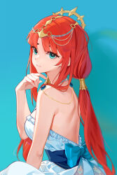 Rule 34 | 1girl, adapted costume, aqua eyes, back bow, backless dress, backless outfit, bare back, bare shoulders, blue dress, blue gemstone, bow, commentary, dress, from side, gem, genshin impact, hand up, highres, jingtailan, long hair, looking at viewer, low twintails, nilou (genshin impact), parted bangs, parted lips, red hair, sleeveless, sleeveless dress, solo, twintails, upper body, very long hair