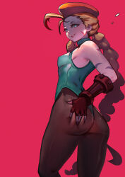 Rule 34 | 1girl, ass, ass grab, bare shoulders, blonde hair, breasts, cammy white, from behind, hat, hiroshi (hiroshixhiss), leotard, long hair, medium breasts, sleeveless, solo, street fighter, thong leotard