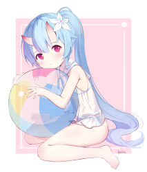 Rule 34 | 1girl, absurdres, ball, bare arms, bare legs, bare shoulders, barefoot, beachball, bikini, blue archive, blue hair, chise (blue archive), chise (swimsuit) (blue archive), commentary request, flower, full body, hair between eyes, hair flower, hair ornament, highres, holding, holding ball, horns, leilin, long hair, looking at viewer, oni, pink background, red eyes, sailor collar, see-through, side ponytail, signature, sitting, skin-covered horns, solo, striped bikini, striped clothes, swimsuit, transparent, two-tone background, very long hair, wariza, white background, white flower, white sailor collar