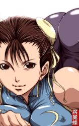 Rule 34 | 1girl, ass, bare shoulders, brown eyes, brown hair, bun cover, capcom, china dress, chinese clothes, chun-li, dress, covered erect nipples, female focus, huge ass, lying, madhatter hello, short hair, solo, street fighter, white background