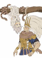 Rule 34 | !, 2boys, absurdres, armor, blue eyes, blush, bracelet, branch, breastplate, brothers, brown scarf, closed mouth, cropped torso, crown, dark souls (series), dark souls i, dark souls iii, dark sun gwyndolin, dress, eye contact, grey hair, highres, jewelry, long hair, long sleeves, looking at another, male focus, multiple boys, nameless king, scarf, short hair, short sleeves, siblings, snake, white dress, zunkome