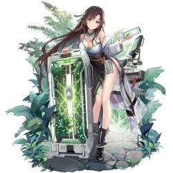Rule 34 | 1girl, bare shoulders, black footwear, boots, braid, breasts, brown hair, canister, character name, chilunchilun, chinese clothes, cleavage, cleavage cutout, clothing cutout, dress, dress slip, full body, game cg, girls&#039; frontline, girls&#039; frontline neural cloud, hair ornament, highres, holding, id card, jacket, large breasts, legs, long hair, looking at viewer, off shoulder, official art, open clothes, open jacket, plant, red eyes, shield, side braid, smile, solo, stone walkway, transparent background, type 64 (girls&#039; frontline), very long hair, vial, white jacket