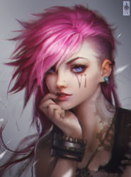 Rule 34 | 1girl, blue eyes, bracelet, earrings, finger to mouth, gears, hand on own chin, highres, jewelry, league of legends, lips, nose piercing, piercing, pink hair, portrait, solo, tattoo, vi (league of legends), zeronis