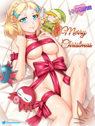 Rule 34 | 1girl, aqua eyes, barefoot, between breasts, blonde hair, blush, bow, braid, breasts, character doll, choker, cleavage, commentary, couch, crotch ribbon, crotch strap, crown braid, english commentary, english text, etchimune, hair ornament, leg ribbon, link, lips, looking at viewer, lying, medium breasts, naked ribbon, nintendo, octorok, on back, on couch, parted bangs, pointy ears, princess zelda, red bow, red choker, red ribbon, ribbon, short hair, sidelocks, skindentation, smile, solo focus, the legend of zelda, the legend of zelda: breath of the wild, the legend of zelda: tears of the kingdom, thigh ribbon, thighs, underboob, x hair ornament