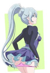Rule 34 | 1girl, ass, blue eyes, border, breasts, closed mouth, commentary, dress, english commentary, frilled dress, frills, from behind, grey hair, hair ornament, looking at viewer, looking back, noboru ecchi, panties, panty pull, pink panties, ponytail, profile, pulled by self, rwby, short dress, small breasts, solo, underwear, weiss schnee, white border, white hair