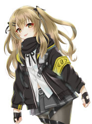 Rule 34 | 1girl, :p, armband, bad id, bad pixiv id, black gloves, black jacket, black pantyhose, black ribbon, black scarf, brown eyes, brown hair, closed mouth, commentary request, cowboy shot, fingerless gloves, girls&#039; frontline, gloves, grey skirt, hair ornament, hair ribbon, hairclip, hood, hooded jacket, jacket, kumasawa (dkdkr), leaning forward, long hair, long sleeves, looking at viewer, miniskirt, neck ribbon, open clothes, open jacket, pantyhose, partial commentary, pleated skirt, print skirt, ribbon, scar, scar across eye, scar on face, scarf, simple background, single horizontal stripe, skirt, smile, solo, standing, thigh strap, tongue, tongue out, twintails, ump9 (girls&#039; frontline), white background