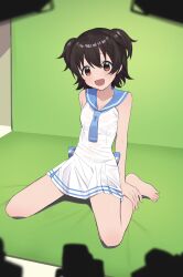 Rule 34 | 1girl, akagi miria, arm support, barefoot, black hair, blue neckerchief, blue sailor collar, breasts, brown eyes, camera, collarbone, commentary request, dddd akagi, green screen, hair between eyes, highres, idolmaster, idolmaster cinderella girls, legs, lights, looking at another, medium hair, neckerchief, open mouth, sailor collar, sailor swimsuit (idolmaster), short twintails, sitting, small breasts, smile, solo, thighs, twintails, white swimsuit