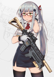 Rule 34 | 1girl, assault rifle, black thighhighs, blue skirt, blunt bangs, blush, breasts, casual, collared shirt, crossover, facial mark, girls&#039; frontline, glasses, gloves, green eyes, gun, h&amp;k hk416, hair ornament, hair ribbon, heckler &amp; koch, high-waist skirt, highres, hk416 (girls&#039; frontline), holding, holding gun, holding weapon, long hair, looking away, medium breasts, open mouth, persocon93, ponytail, red-framed eyewear, red neckwear, ribbon, rifle, shirt, silver hair, skindentation, skirt, sleeves rolled up, solo, teardrop, thighhighs, very long hair, weapon, white shirt