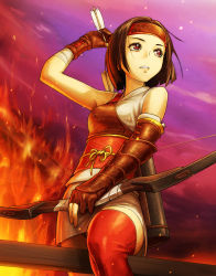 Rule 34 | 1girl, arm guards, arm up, armor, arrow (projectile), bare shoulders, bow (weapon), brown hair, embers, fingerless gloves, fire, forehead protector, gloves, highres, looking afar, looking away, muneate, obi, onigiri jou, original, panties, pantyshot, parted lips, purple sky, quiver, red eyes, red thighhighs, sash, short hair, skirt, sky, solo, thighhighs, underwear, upskirt, weapon
