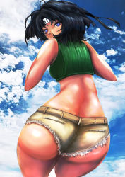 Rule 34 | 1girl, absurdres, artist request, ass, bare shoulders, black hair, blue eyes, blush, breasts, final fantasy, final fantasy vii, forehead protector, highres, huge ass, looking at viewer, looking back, shiny clothes, shiny skin, short hair, short shorts, shorts, sideboob, smile, solo, yuffie kisaragi