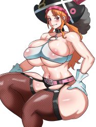 Rule 34 | 1girl, bare shoulders, belt, blush, breasts, choker, collarbone, curvy, fishnets, garter straps, gloves, hand on own hip, hat, highres, huge breasts, long hair, looking at viewer, nami (one piece), one piece, one piece film: red, orange eyes, orange hair, pirate, pirate hat, sitting, smile, solo, strapless, thick thighs, thighhighs, thighs, tube top, underboob, white background, white gloves, ytrall