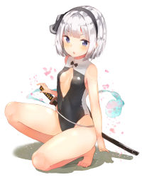 Rule 34 | 1girl, :o, bare arms, barefoot, blue eyes, blush, bow, breasts, center opening, cleavage, cleavage cutout, clothing cutout, competition swimsuit, front zipper swimsuit, hair ribbon, hairband, katana, kneeling, knees, konpaku youmu, konpaku youmu (ghost), leotard, looking at viewer, meme attire, one-piece swimsuit, on one knee, open clothes, open mouth, petals, purple eyes, ribbon, sheath, short hair, sideboob, small breasts, solo, swimsuit, sword, thighs, touhou, unzipped, weapon, white hair, yukizumi remon, zipper