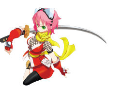 Rule 34 | 1girl, absurdres, breasts, cleavage, elbow gloves, fishnets, gloves, goggles, gouma reifuden izuna, green eyes, highres, izuna (gouma reifuden izuna), pink hair, scan, scarf, short hair, solo, sword, vector trace, weapon, yoshida on