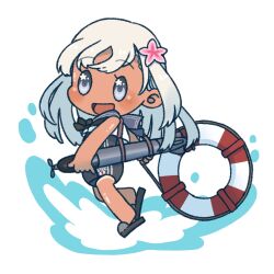 Rule 34 | 1girl, blue eyes, flower, hair flower, hair ornament, holding, holding torpedo, japanese flag, kantai collection, lifebuoy, long hair, one-piece swimsuit, ro-500 (kancolle), sailor collar, sandals, solo, swim ring, swimsuit, swimsuit under clothes, tan, tanetarou, torpedo, transparent background, white hair