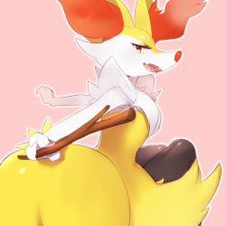 Rule 34 | 10s, animal ear fluff, animal nose, body fur, braixen, creatures (company), fangs, fox, from behind, furry, game freak, gen 6 pokemon, looking back, naso4, nintendo, no humans, open mouth, pink background, pokemon, pokemon (creature), pokemon xy, red eyes, sharp teeth, simple background, sitting, smile, snout, solo, stick, tail, teeth