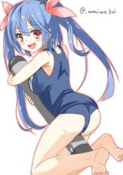 Rule 34 | 10s, 1girl, :d, ass, barefoot, blue hair, feet, hair ornament, hair ribbon, i-19 (kancolle), kantai collection, looking at viewer, marimo kei, hugging object, one-piece swimsuit, open mouth, red eyes, ribbon, school swimsuit, smile, solo, swimsuit, torpedo, twintails