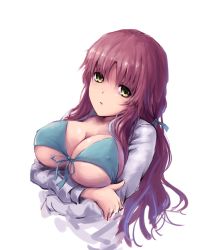 Rule 34 | 10s, 1girl, ano natsu de matteru, bikini, breast hold, breasts, brown hair, cleavage, covered erect nipples, crossed arms, front-tie top, kitahara mio, large breasts, long hair, looking at viewer, nightmaremk2, simple background, solo, swimsuit, upper body, white background, yellow eyes