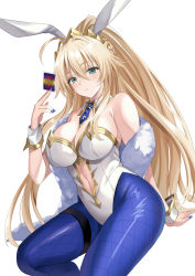 Rule 34 | 1girl, ahoge, animal ears, artoria pendragon (all), artoria pendragon (fate), artoria pendragon (swimsuit ruler) (fate), bare shoulders, blonde hair, blue neckwear, blue pantyhose, blush, braid, breasts, card, clothing cutout, detached collar, fake animal ears, fate/grand order, fate (series), feather boa, fishnet pantyhose, fishnets, french braid, green eyes, harimoji, highleg, highleg leotard, large breasts, leotard, long hair, looking at viewer, navel cutout, pantyhose, playboy bunny, playing card, ponytail, rabbit ears, simple background, solo, tiara, white leotard, wrist cuffs