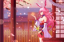 Rule 34 | 1girl, animal ears, asc11, bad id, bad pixiv id, breasts, cherry blossoms, closed mouth, fox ears, highres, honkai (series), honkai impact 3rd, japanese clothes, katana, long hair, outdoors, petals, pink hair, pink skirt, purple eyes, sheath, sheathed, sideboob, skirt, solo, sword, thighhighs, weapon, white sleeves, white thighhighs, yae sakura, yae sakura (gyakushinn miko)