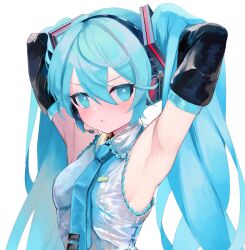 Rule 34 | 1girl, aqua bow, aqua bowtie, aqua eyes, aqua hair, armpits, arms behind head, arms up, bare shoulders, black sleeves, blue eyes, blue hair, blue necktie, blush, bow, bowtie, breasts, collared shirt, detached sleeves, dot nose, frilled shirt, frilled shirt collar, frills, hair between eyes, hands in hair, hands up, hatsune miku, headphones, headset, long hair, long sleeves, looking at viewer, microphone, necktie, no pupils, parted hair, parted lips, shiny clothes, shirt, sidelocks, sleeveless, sleeveless shirt, small breasts, takepon1123, tie clip, twintails, v-shaped eyebrows, very long hair, vocaloid, white background, white shirt
