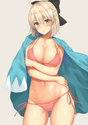 Rule 34 | 1girl, ahoge, b-ginga, bikini, black bow, blush, bow, breasts, cameltoe, cleavage, closed mouth, collarbone, commentary request, fate/grand order, fate (series), hair between eyes, hair bow, half updo, haori, hip focus, japanese clothes, koha-ace, large breasts, light brown hair, looking at viewer, navel, okita souji (fate), okita souji (koha-ace), parted lips, pink bikini, short hair, side-tie bikini bottom, simple background, smile, solo, swimsuit, thighs, wide sleeves, yellow eyes